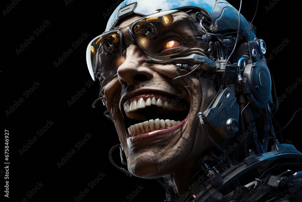 Leinwandbilder Funny and scary laughing cyborg, with empty copy space Generative AI 