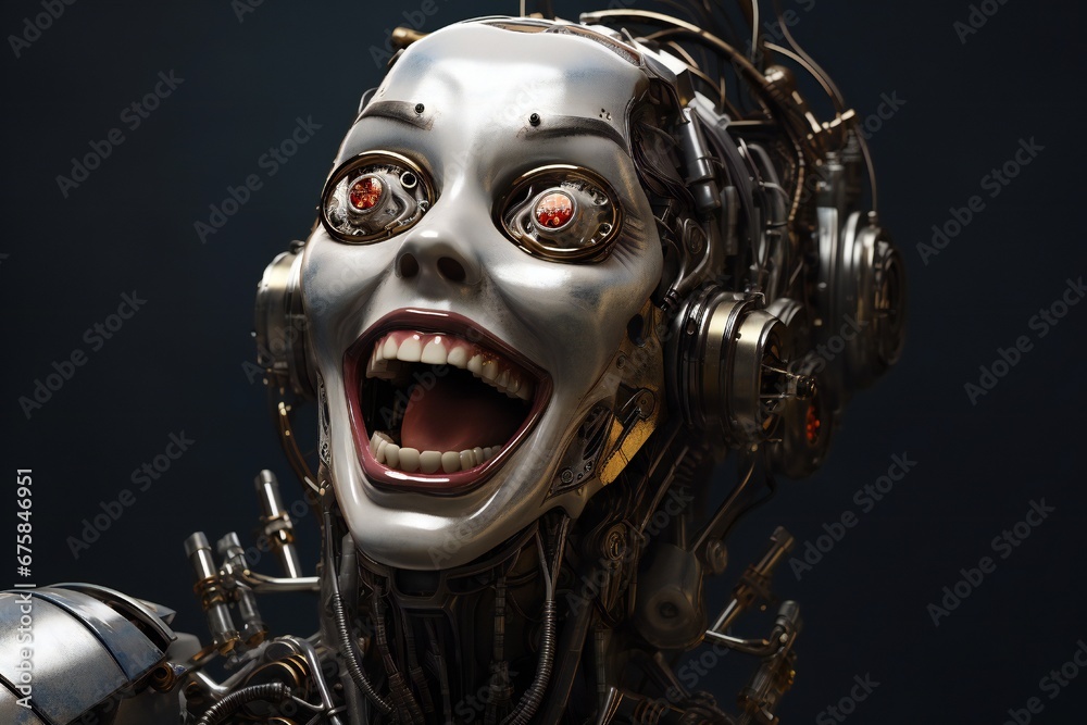 Fototapete funny and scary laughing cyborg, with empty copy space generative ai