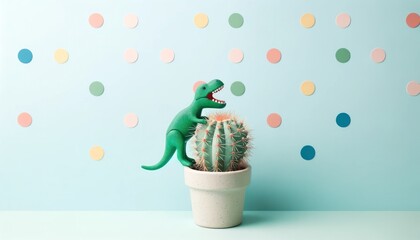 A playful setup with a plastic dinosaur toy appearing to interact with a potted cactus on a light...