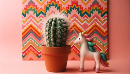 A whimsical unicorn toy beside a terracotta pot with a cactus on a vibrant geometric background