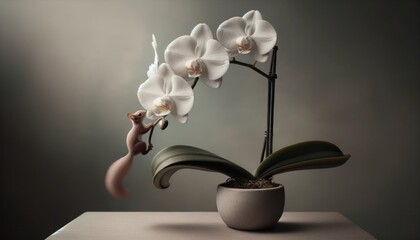 A sculpted squirrel figurine extending its paw towards the petals of a white orchid