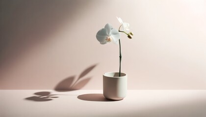 A solitary white orchid in a ceramic pot projects a dramatic shadow on a beige wall