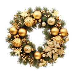 Corona de navidad  con decoraciones en tonos dorados y verdes, sobre fondo transparente, png - obrazy, fototapety, plakaty