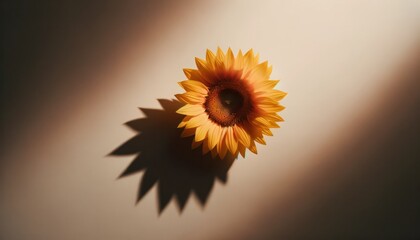 Warm tones envelop a sunflower, creating dramatic shadows that emphasize its vibrant orange and...