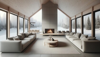 Fototapeta na wymiar Open-plan living space with elegant sofas, a center table, and a captivating snowy mountain backdrop