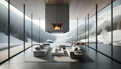 Astounding mountain chalet living room with a sleek central fireplace surrounded by snow-capped vistas