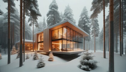 Modern and elegant cabin in a tranquil snowy forest, with a glass facade offering a serene view of the wintry landscape
