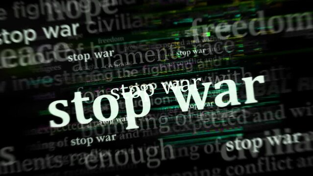 Stop war peace freedom and no more violence headline news across international media. Abstract concept of news titles on noise displays loop. TV glitch effect seamless and looped.