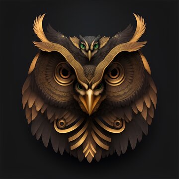 Owls quetzalcoatl head, symmetrical, flat icon design, AI generated