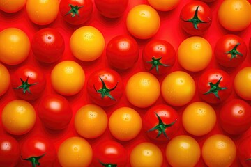Delicious cherry tomatoes with green roots on bright red background. Lot of red and yellow organic tomatoes with water drops. Summer tray market agriculture farm full of organic vegetables