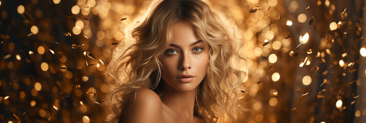 Banner Woman with wavy blonde hair on a sparkling golden bokeh light background. Elegant, dreamy atmosphere. Ideal for luxury and beauty concepts. AI Generative