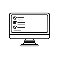 Computer monitor with checklist icon. Black outline image of a desktop computer monitor.