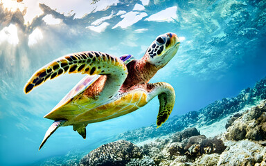 Green sea turtle swimming underwater in the sea. Sea tortoise.