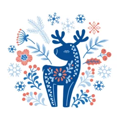 Fotobehang Vector hand drawn illustration of animals in Nordic style hygge. Silhouette of a deer in a floral pattern in a folk Scandinavian style © Nataliia