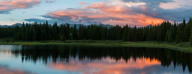 sunset reflecting the sky and pine trees in the lake with clouds