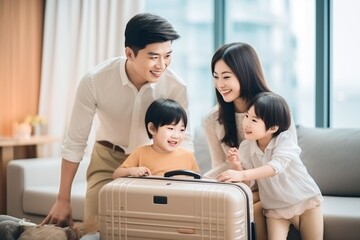 Naklejka premium Young Asian family preparing luggage suitcases at hotel for travel vacation