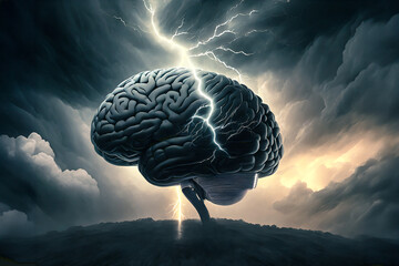 A gray brain in a stormy and dark environment