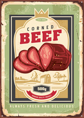 Vintage advertisement idea for delicious corned beef poster. Smoked meat product promotional vector psign design. Food illustration.