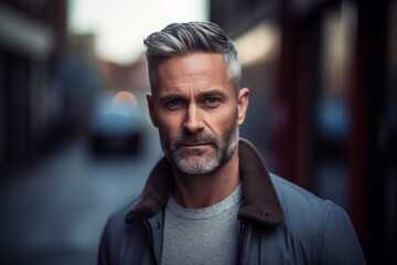 Portrait of a handsome mature man with grey hair and beard. Men's beauty, fashion.