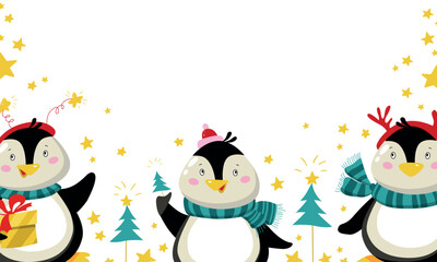 Christmas card with penguin flat. Cute animals on the white background with stars. New Years card. Vector illustration.
