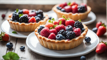 Fresh homemade fruit seasonal tart with strawberries and blueberries. Placed on plate on a wooden table next the window, delicious to eat, round by fruits. Selected and decorated with various types.