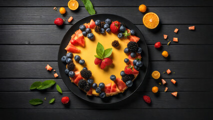 Fresh homemade fruit seasonal tart with strawberries and blueberries. Placed on plate on a wooden table next the window, delicious to eat, round by fruits. Selected and decorated with various types.