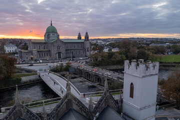 Beautiful sunset over Galway City centre featuring the Galway Cathedral in the background