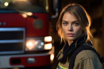 The portrait of a confident female firefighter in a safety uniform outfit stands near the red fire truck at the fire station. Generative AI.