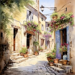 Fototapeta na wymiar Provence streets with windows and houses and flowers in watercolor style