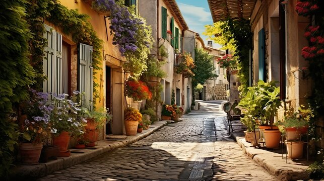 Fototapeta Provence streets with windows and houses and flowers