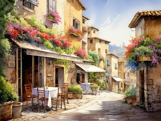 Fototapeta na wymiar Provence streets with windows and houses and flowers in watercolor style