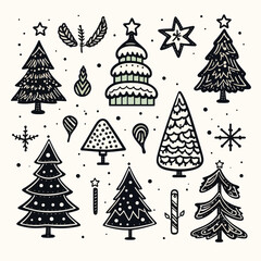 Vector black doodle christmas symbols clipart on white background