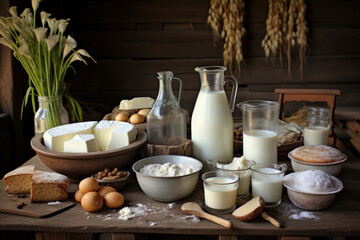 Fototapeta na wymiar Milk and dairy products. Cheese, milk, cottage cheese, cheese, yogurt, cream and butter