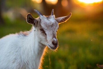 Obraz premium a goat stands in the grass, with bright yellow light in the background