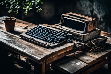 old vintage computer on wooden table