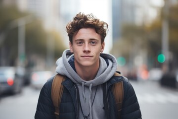 Portrait of a handsome young man in the city. Outdoor portrait.
