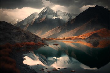 Hyper-realistic painting of a tranquil reflective lake in the mountains with dark clouds above