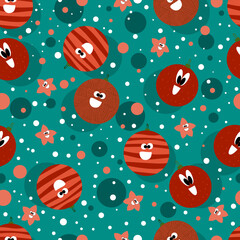 Vector seamless pattern on isolated background with beautiful merry boxes, Christmas tree branches, New Year toys, balls and stars