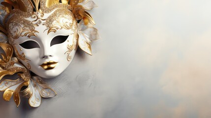  royal venetian carnival mask,white with golden ornament  with large copy space background 