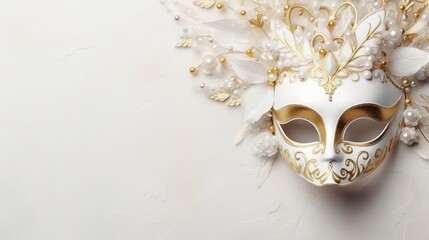  royal venetian carnival mask,white with golden ornament  with large copy space background 