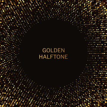 Golden radial dotted halftone background, gold glitter dotted backdrop for luxury artworks, vector illustration.
