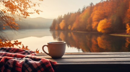 Naklejka na ściany i meble a steaming cup of tea embraced by the warm colors of autumn in the background.