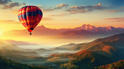 a hot air balloon gracefully floats against a mountainous backdrop