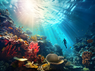 Fototapeta na wymiar Underwater Diver Exploring Vibrant Coral Reef with Sun Rays – Concept of Marine Biodiversity, Ocean Adventure, and Ecotourism