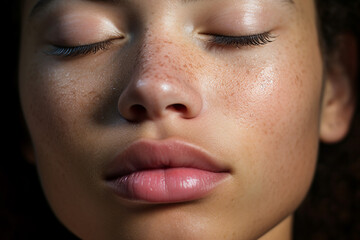 Fototapeta premium Generative AI closeup picture young curly attractive girl freckled face