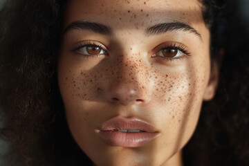 Generative AI closeup picture young curly attractive girl freckled face