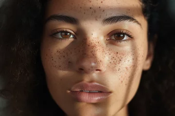 Foto op Canvas Generative AI closeup picture young curly attractive girl freckled face © deagreez
