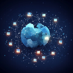 Illustrating the Essence of Cloud Computing: A Central Cloud Icon Amidst Internal Connections, Accompanied by Abstract World Map Polygons on a Dark Blue Background.