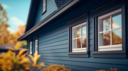 Vinyl siding on house with window frames, close-up view. - Powered by Adobe