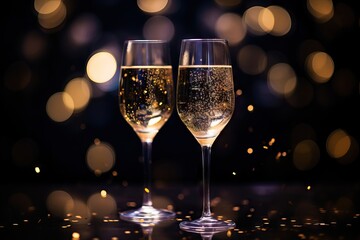 Two glasses of champagne on dark purple  background with lights bokeh, glitter and sparks. Christmas celebration concept with space for text